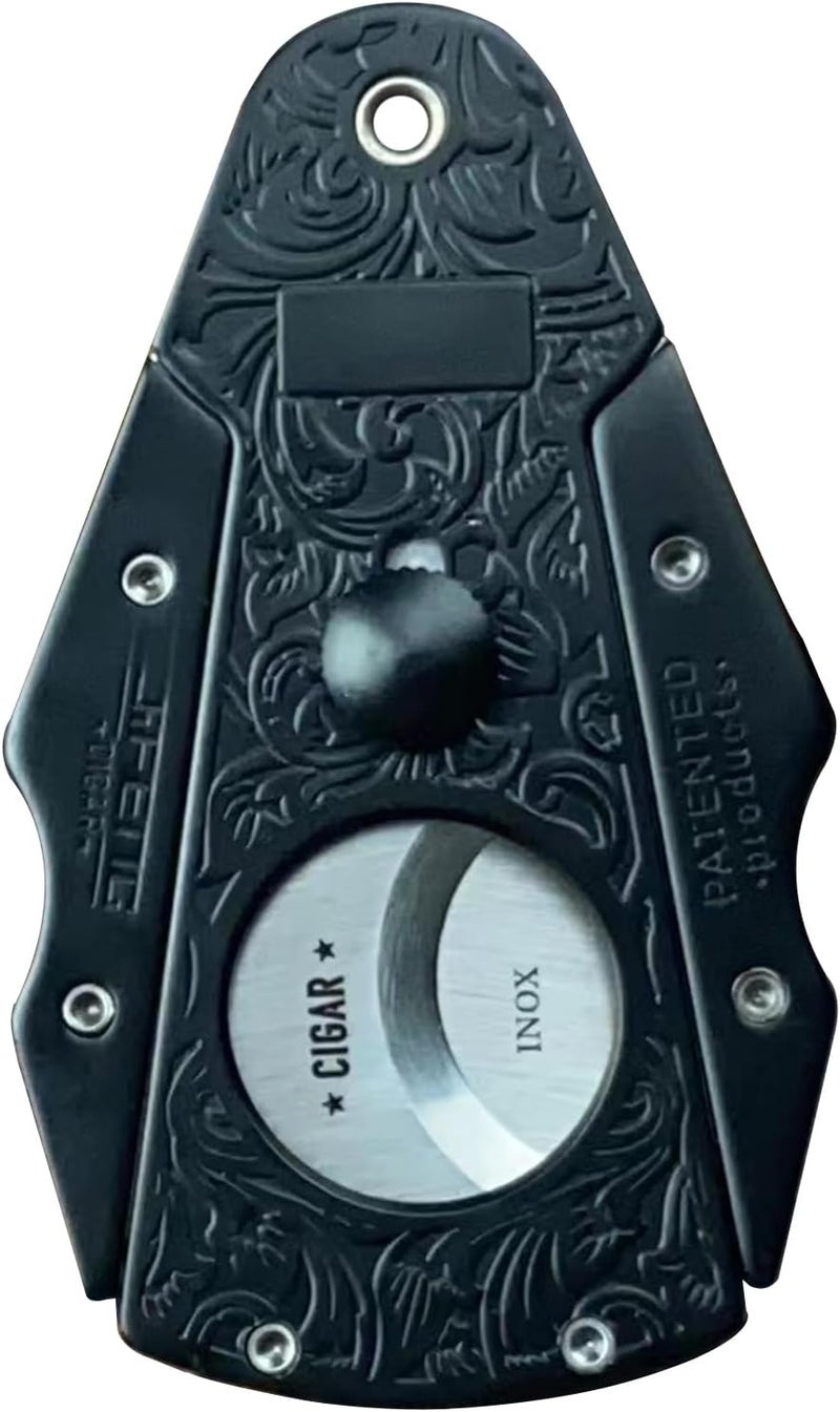 Foxmox Cigar Cutter Guillotine - Heavy Quality Stainless Steel Double Blade Cigar Clipper,Dignified Engraved Pattern with Lock System Cigar Cutters for Men,Cigar Accessories with Gift Box(Black) - Image 1